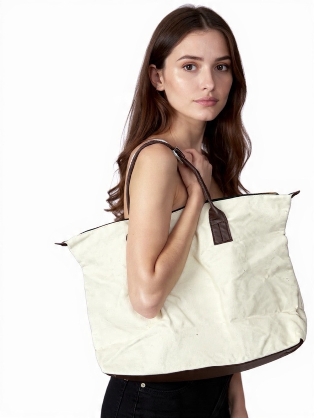 John Varvatos Canvas Tote Bag with Brown Leather Trim - Cream - Picture 2 of 3